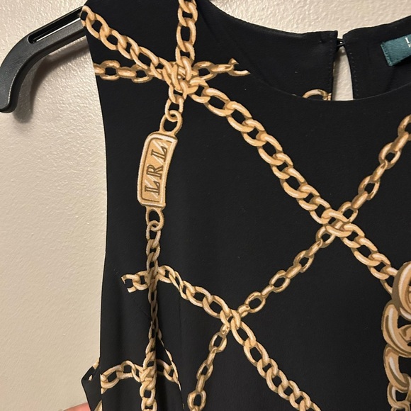 Lauren Ralph Lauren dress - black/gold chain print sleeveless w/belt - Picture 5 of 13